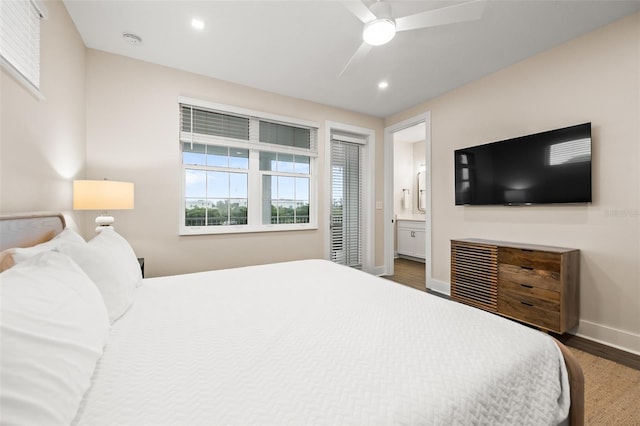 4321 Marina View Way, Cortez, FL 34215 - bedroom featuring wood finished floors, baseboards, connected bathroom, recessed lighting, and a ceiling fan