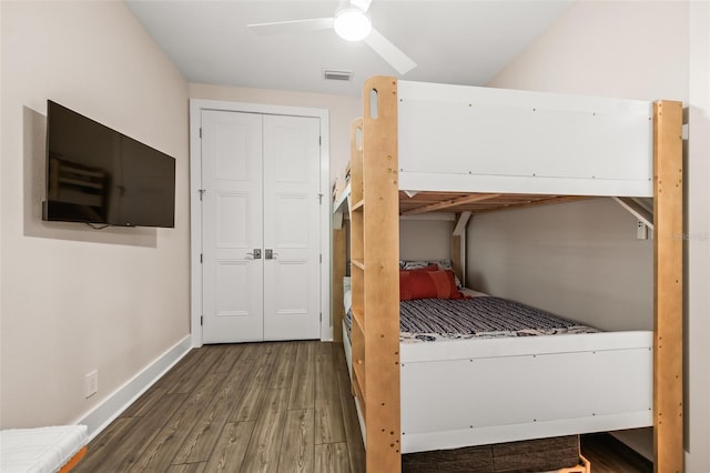 4321 Marina View Way, Cortez, FL 34215 - bedroom featuring wood finished floors, a closet, baseboards, and ceiling fan