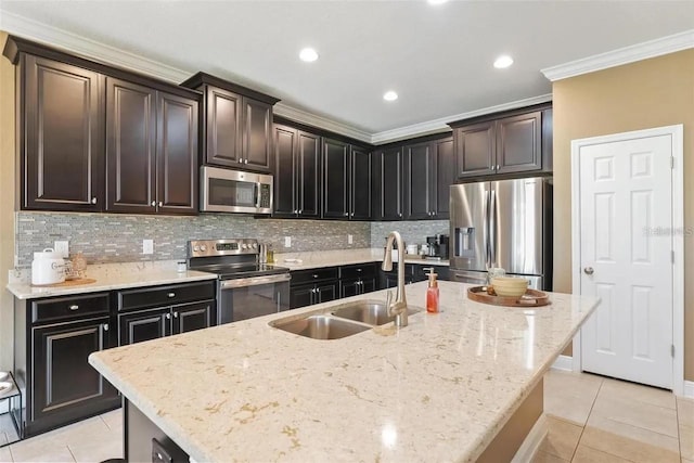 18620 Cortes Creek Blvd, Spring Hill, FL 34610 - kitchen with appliances with stainless steel finishes, a sink, light tile patterned floors, decorative backsplash, and crown molding