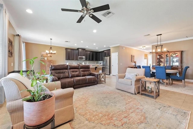 18620 Cortes Creek Blvd, Spring Hill, FL 34610 - living area featuring a chandelier, ornamental molding, a ceiling fan, recessed lighting, and light tile patterned flooring