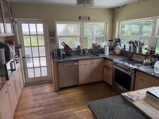 2094 Penn Dr, Deland, FL 32724 - kitchen featuring stainless steel appliances, a sink, wood finished floors, and dark countertops