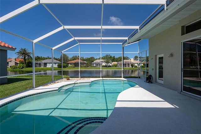 4257 Hearthstone Dr, Sarasota, FL 34238 - swimming pool featuring a patio area, a water view, a residential view, a yard, and glass enclosure