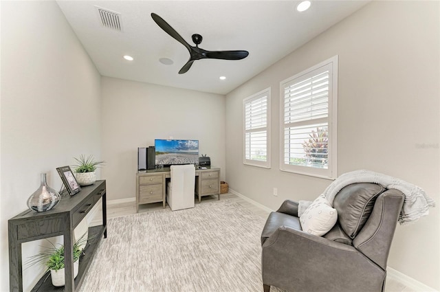 909 Crosswind Ave, Sarasota, FL 34240 - office space featuring a ceiling fan, baseboards, recessed lighting, and light wood-type flooring