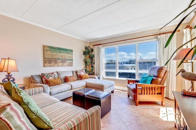 3806 Gulf Of Mexico Dr Unit C204, Longboat Key, FL 34228 - living room with crown molding and light tile patterned floors