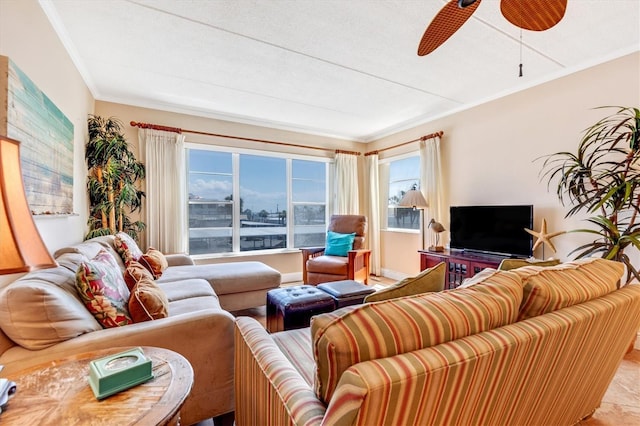 3806 Gulf Of Mexico Dr Unit C204, Longboat Key, FL 34228 - living room with crown molding and a ceiling fan