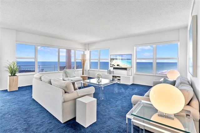 601 Longboat Club Rd Unit 504S, Longboat Key, FL 34228 - living area with carpet floors, a textured ceiling, plenty of natural light, and baseboards