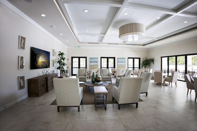 1445 Gulf Of Mexico Dr Unit 203, Longboat Key, FL 34228 - community lobby featuring recessed lighting, coffered ceiling, a high ceiling, and beam ceiling