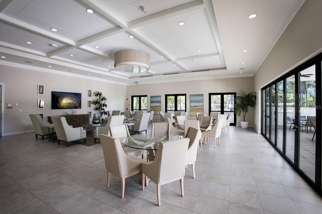 1445 Gulf Of Mexico Dr Unit 203, Longboat Key, FL 34228 - dining area with coffered ceiling, recessed lighting, beam ceiling, a high ceiling, and light tile patterned flooring