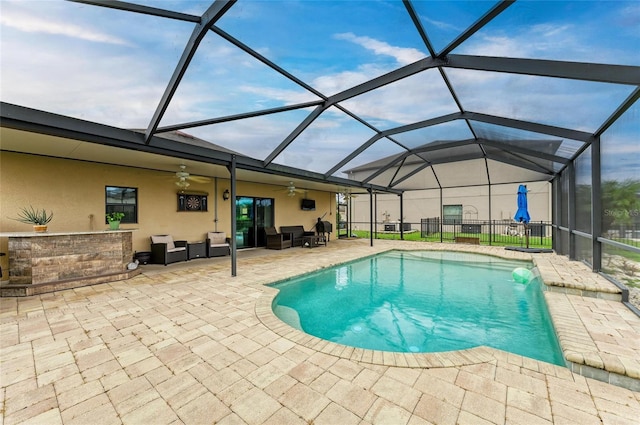 7410 61st St E, Palmetto, FL 34221 - view of pool with a patio, a ceiling fan, outdoor lounge area, and a lanai