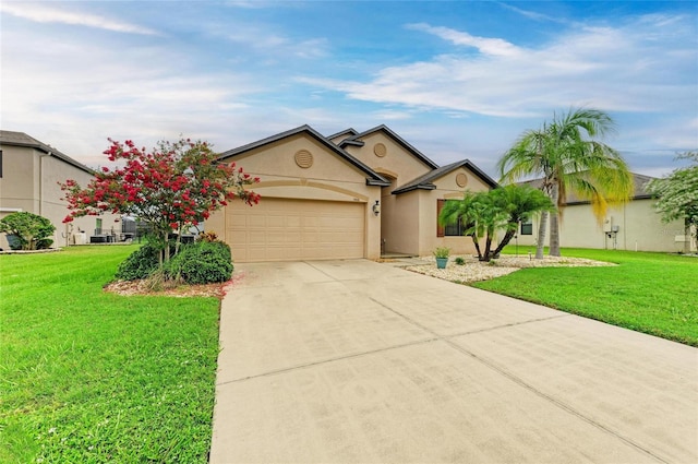 7410 61st St E, Palmetto, FL 34221 - ranch-style house with concrete driveway, an attached garage, a front yard, and stucco siding