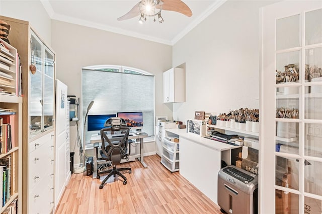 5988 Viola Rd, Venice, FL 34293 - home office with light wood-style floors, ceiling fan, and crown molding