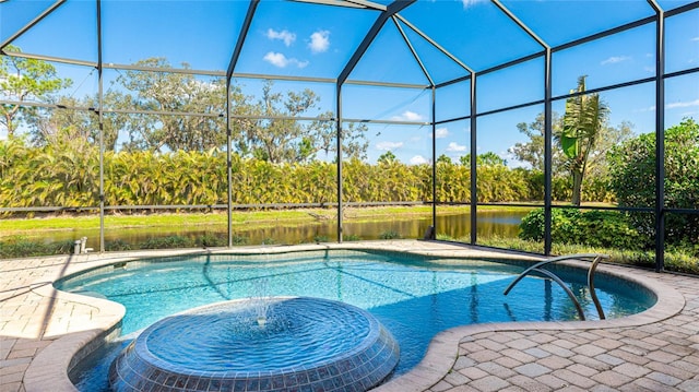 7081 Grassland Ct, Sarasota, FL 34241 - view of pool featuring a pool with connected hot tub, glass enclosure, a water view, and view of scattered trees