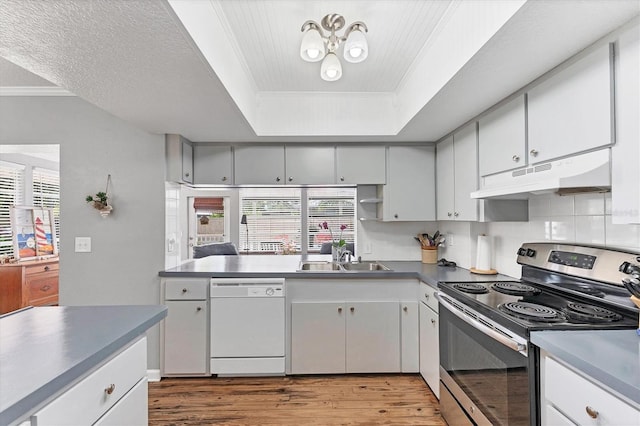 304 34th St W, Bradenton, FL 34205 - kitchen with dishwasher, stainless steel electric stove, under cabinet range hood, a sink, and ornamental molding