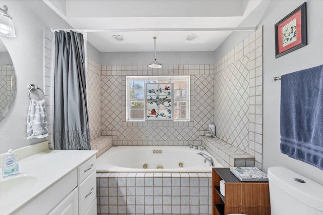 304 34th St W, Bradenton, FL 34205 - bathroom featuring a tub with jets, vanity, a tile shower, and toilet