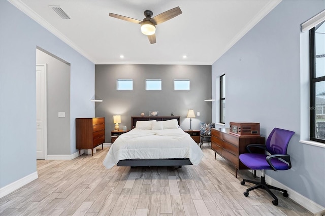 6636 35th Ct E, Sarasota, FL 34243 - bedroom featuring ornamental molding, light wood-style flooring, baseboards, recessed lighting, and a ceiling fan
