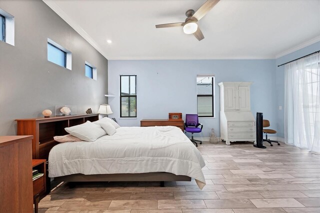 6636 35th Ct E, Sarasota, FL 34243 - bedroom with ornamental molding, light wood finished floors, ceiling fan, baseboards, and recessed lighting