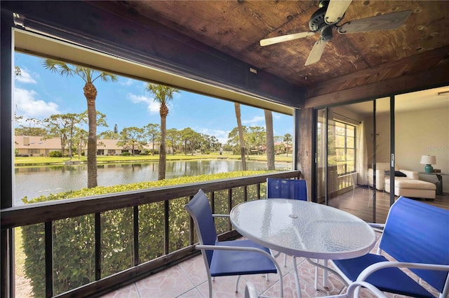 7926 Woodpointe Ct Unit 29, Sarasota, FL 34238 - sunroom featuring a water view, a ceiling fan, and outdoor dining space