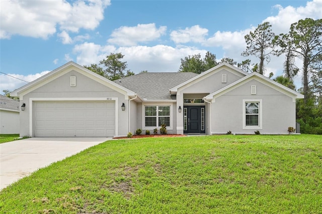 4610 Clarke St, North Port, FL 34286 - ranch-style home with a garage, concrete driveway, a front yard, and stucco siding