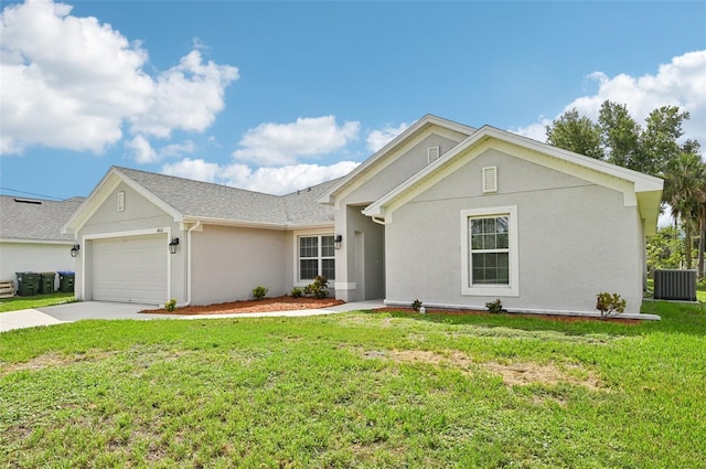 4610 Clarke St, North Port, FL 34286 - ranch-style house with an attached garage, cooling unit, a front yard, stucco siding, and concrete driveway