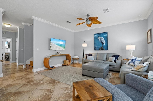 145 50th St, Holmes Beach, FL 34217 - living area with ceiling fan, crown molding, and stairway