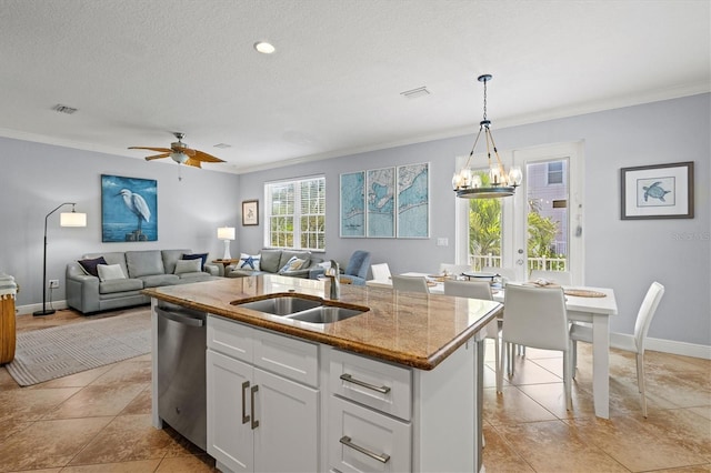 145 50th St, Holmes Beach, FL 34217 - kitchen featuring stainless steel dishwasher, crown molding, a kitchen island with sink, a chandelier, and hanging light fixtures