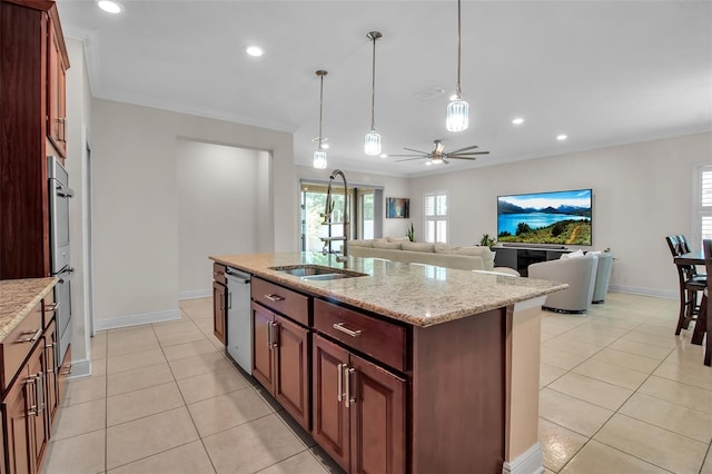 3712 76th St E, Palmetto, FL 34221 - kitchen with appliances with stainless steel finishes, light tile patterned floors, crown molding, ceiling fan, and a center island with sink