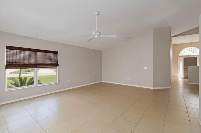 2662 6th Ct E, Ellenton, FL 34222 - empty room featuring a ceiling fan, light tile patterned floors, lofted ceiling, and baseboards