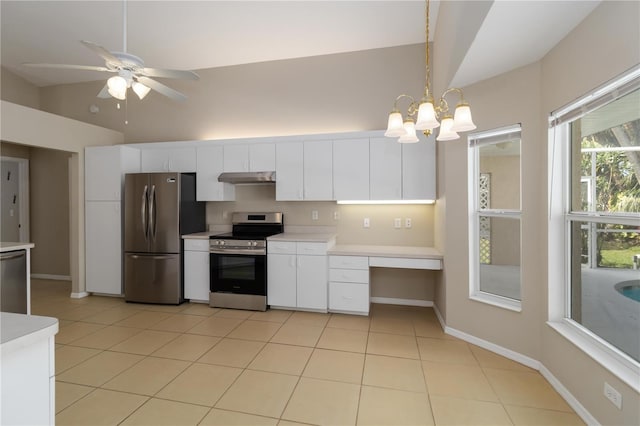 2662 6th Ct E, Ellenton, FL 34222 - kitchen with stainless steel appliances, under cabinet range hood, white cabinetry, light countertops, and light tile patterned flooring