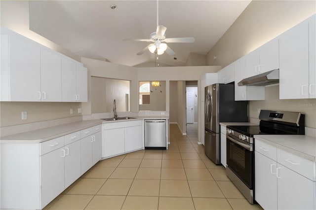 2662 6th Ct E, Ellenton, FL 34222 - kitchen with appliances with stainless steel finishes, under cabinet range hood, a sink, ceiling fan, and light tile patterned floors