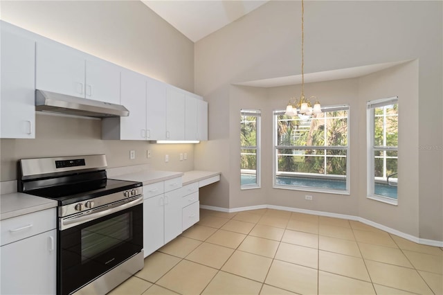 2662 6th Ct E, Ellenton, FL 34222 - kitchen featuring electric stove, under cabinet range hood, light countertops, a chandelier, and high vaulted ceiling