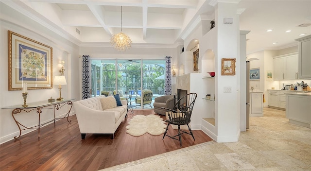 1864 Goldenrod St, Sarasota, FL 34239 - living area with beam ceiling, recessed lighting, ornamental molding, coffered ceiling, and light wood-type flooring