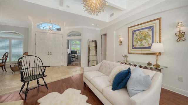 1864 Goldenrod St, Sarasota, FL 34239 - foyer with a chandelier, crown molding, and wood finished floors