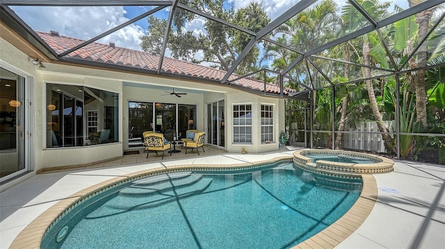 1864 Goldenrod St, Sarasota, FL 34239 - view of pool with a patio, ceiling fan, a pool with connected hot tub, and glass enclosure