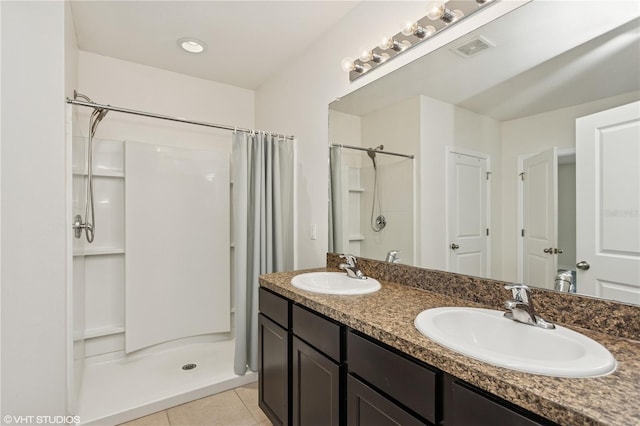 4005 Willow Branch Pl, Palmetto, FL 34221 - bathroom featuring tile patterned floors, curtained shower, and double vanity