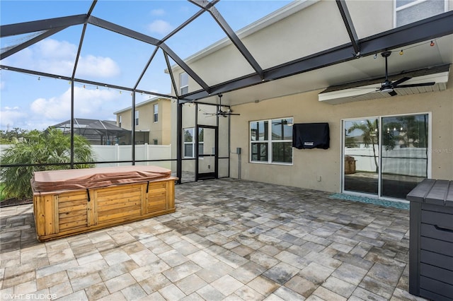 4005 Willow Branch Pl, Palmetto, FL 34221 - view of patio / terrace with a hot tub, ceiling fan, and glass enclosure