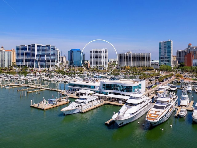 1233 N Gulfstream Ave Unit 401, Sarasota, FL 34236 - bird's eye view of numerous boat docks, skyline, and a nearby body of water