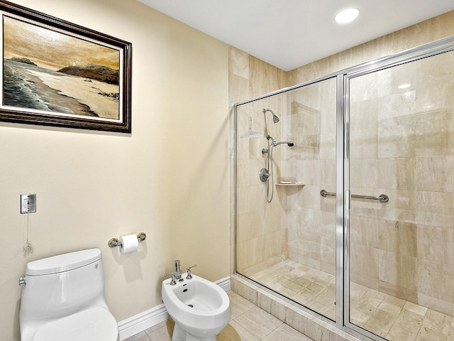 1233 N Gulfstream Ave Unit 401, Sarasota, FL 34236 - bathroom with a stall shower, a bidet, toilet, tile patterned floors, and baseboards