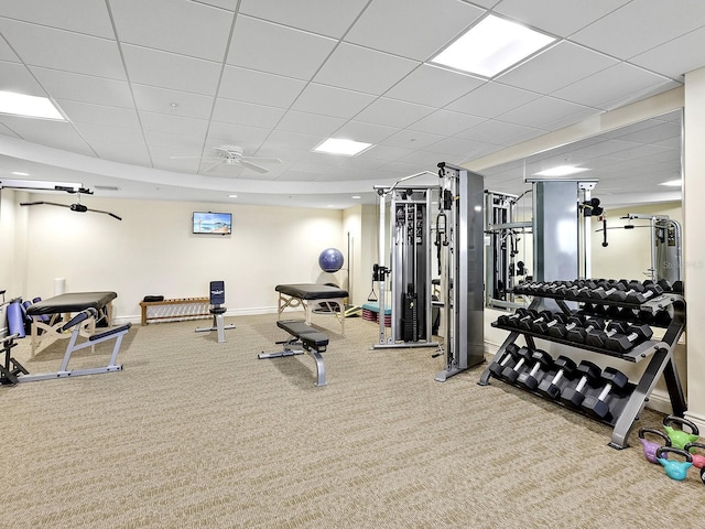 1233 N Gulfstream Ave Unit 401, Sarasota, FL 34236 - exercise room featuring a ceiling fan, carpet, baseboards, and a paneled ceiling