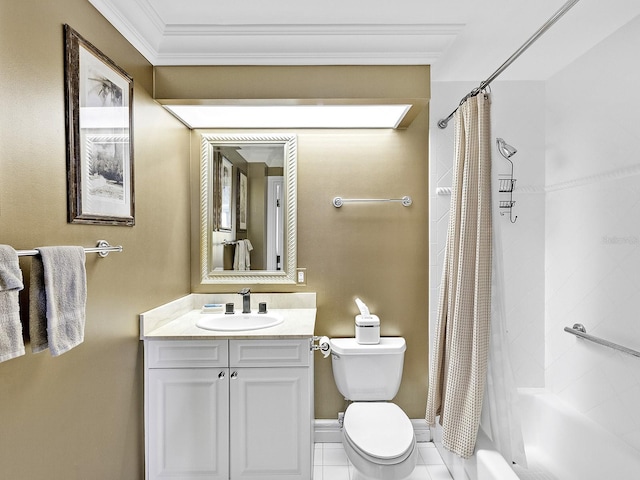 1233 N Gulfstream Ave Unit 401, Sarasota, FL 34236 - full bathroom with toilet, vanity, shower / bath combination with curtain, ornamental molding, and tile patterned floors