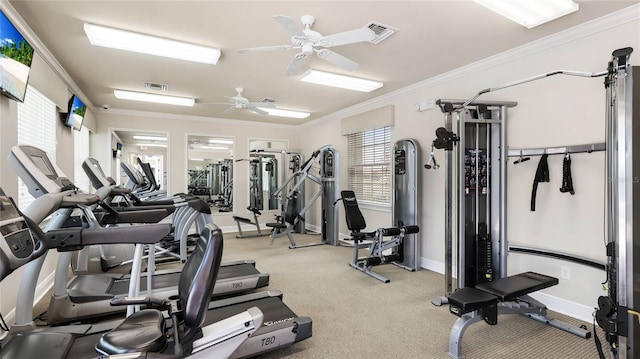 11625 Parrotfish St, Venice, FL 34292 - workout area with a ceiling fan, crown molding, baseboards, and light carpet