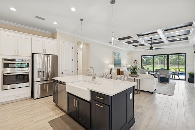 13606 Deep Blue Pl, Bradenton, FL 34211 - kitchen featuring appliances with stainless steel finishes, a sink, light wood-style floors, open floor plan, and a ceiling fan