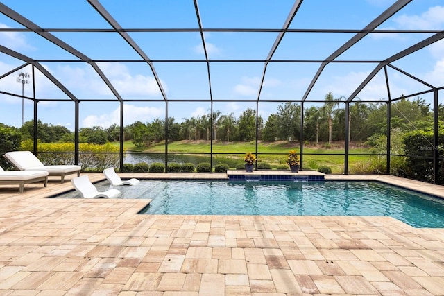 13606 Deep Blue Pl, Bradenton, FL 34211 - swimming pool featuring a water view, view of scattered trees, a patio, and glass enclosure