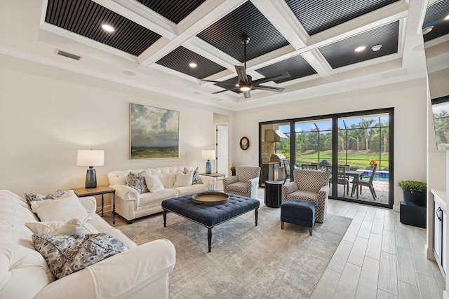 13606 Deep Blue Pl, Bradenton, FL 34211 - living area with ornamental molding, coffered ceiling, beam ceiling, ceiling fan, and light wood-style floors
