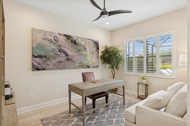 13606 Deep Blue Pl, Bradenton, FL 34211 - office area with a ceiling fan, wood finished floors, baseboards, and recessed lighting