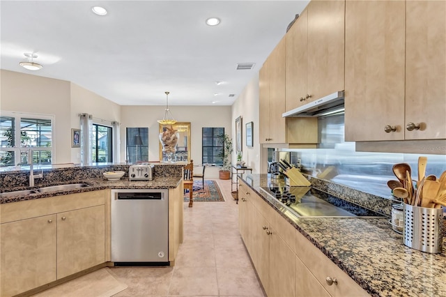 105 Inlets Blvd Unit 105, Nokomis, FL 34275 - kitchen featuring dishwasher, light brown cabinets, under cabinet range hood, black electric cooktop, and a sink