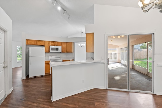 294 Lake Doe Blvd, Apopka, FL 32703 - kitchen featuring white appliances, a chandelier, brown cabinetry, light countertops, and vaulted ceiling