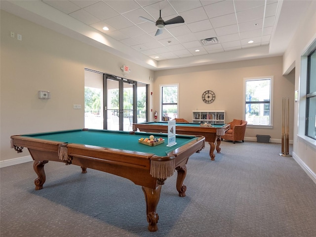 8078 Stirling Falls Cir, Sarasota, FL 34243 - playroom with billiards table, carpet floors, baseboards, and a ceiling fan