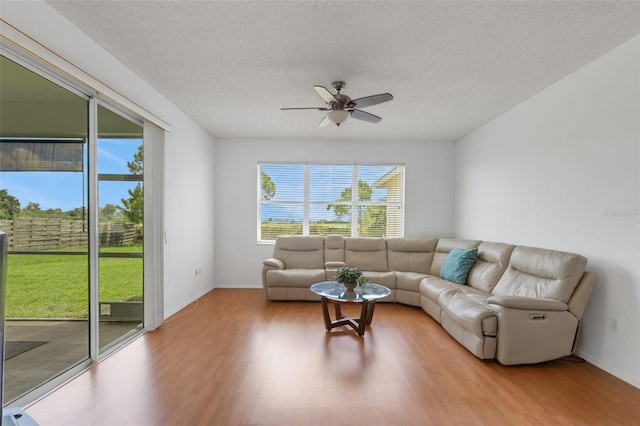 9402 71st Ave E, Palmetto, FL 34221 - living area with wood finished floors, a ceiling fan, a textured ceiling, and baseboards