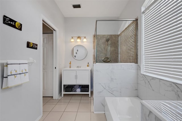 9402 71st Ave E, Palmetto, FL 34221 - full bath with a bath, vanity, tile patterned flooring, and a shower