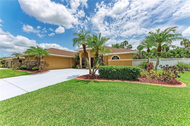 5359 90th Avenue Cir E, Parrish, FL 34219 - mediterranean / spanish home featuring a garage, stucco siding, and concrete driveway
